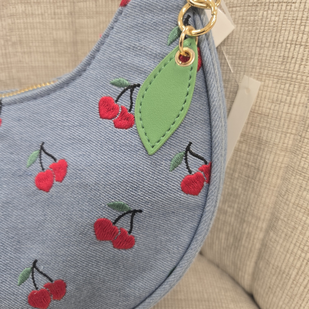 Betsey Johnson Cherry Denim Crescent Shoulder Handbag - Picture 2 of 5
